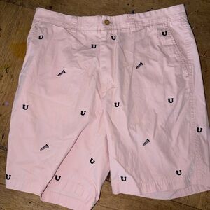 J Mclaughlin Shorts 34 Pink Flat Front Chino Preppy Screw you u embroidered navy